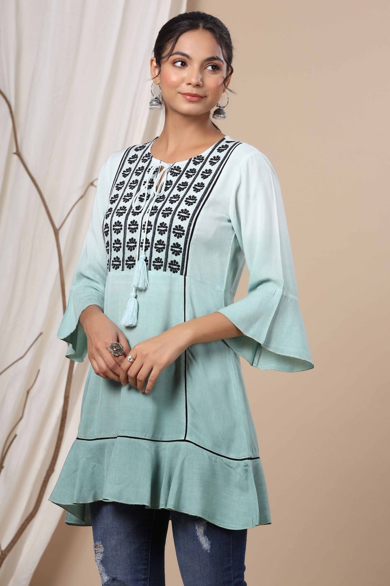 Women's  Sage Green Rayon Festive Embroidered Tiered Tunic For Women - Juniper