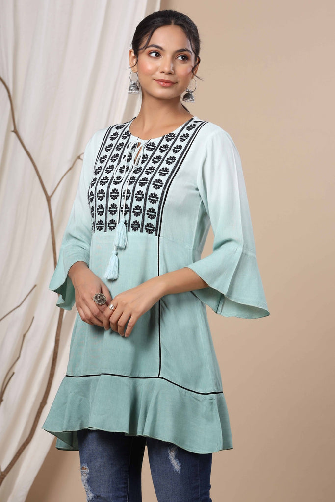 Women's  Sage Green Rayon Festive Embroidered Tiered Tunic For Women