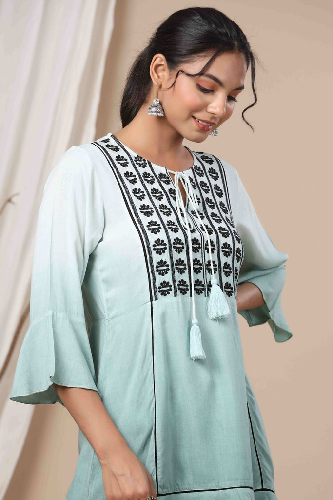 Women's  Sage Green Rayon Festive Embroidered Tiered Tunic For Women