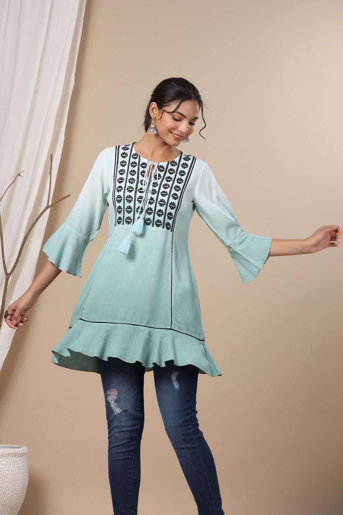 Women's  Sage Green Rayon Festive Embroidered Tiered Tunic For Women - Juniper