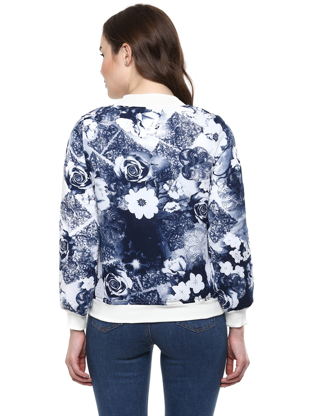 Women's  Blue Floral Print Bomber Jacket - StyleStone
