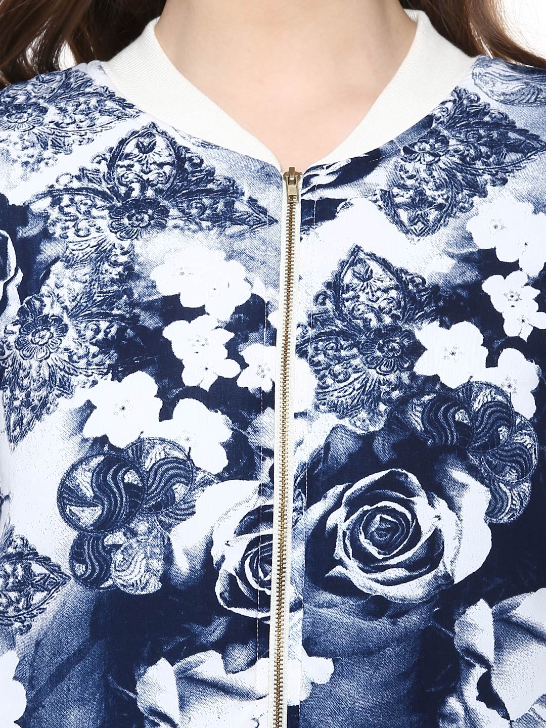 Women's  Blue Floral Print Bomber Jacket - StyleStone