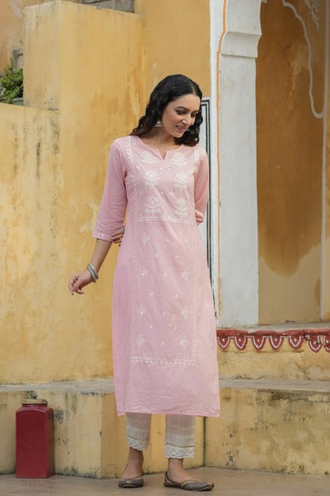 Women's  Pink Cambric Embroidered Straight Kurta  - Juniper