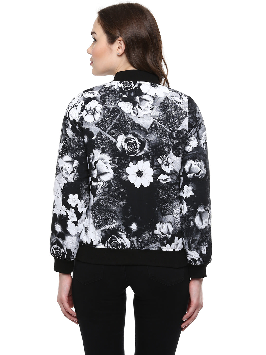 Women's  Black Floral Print Bomber Jacket - StyleStone