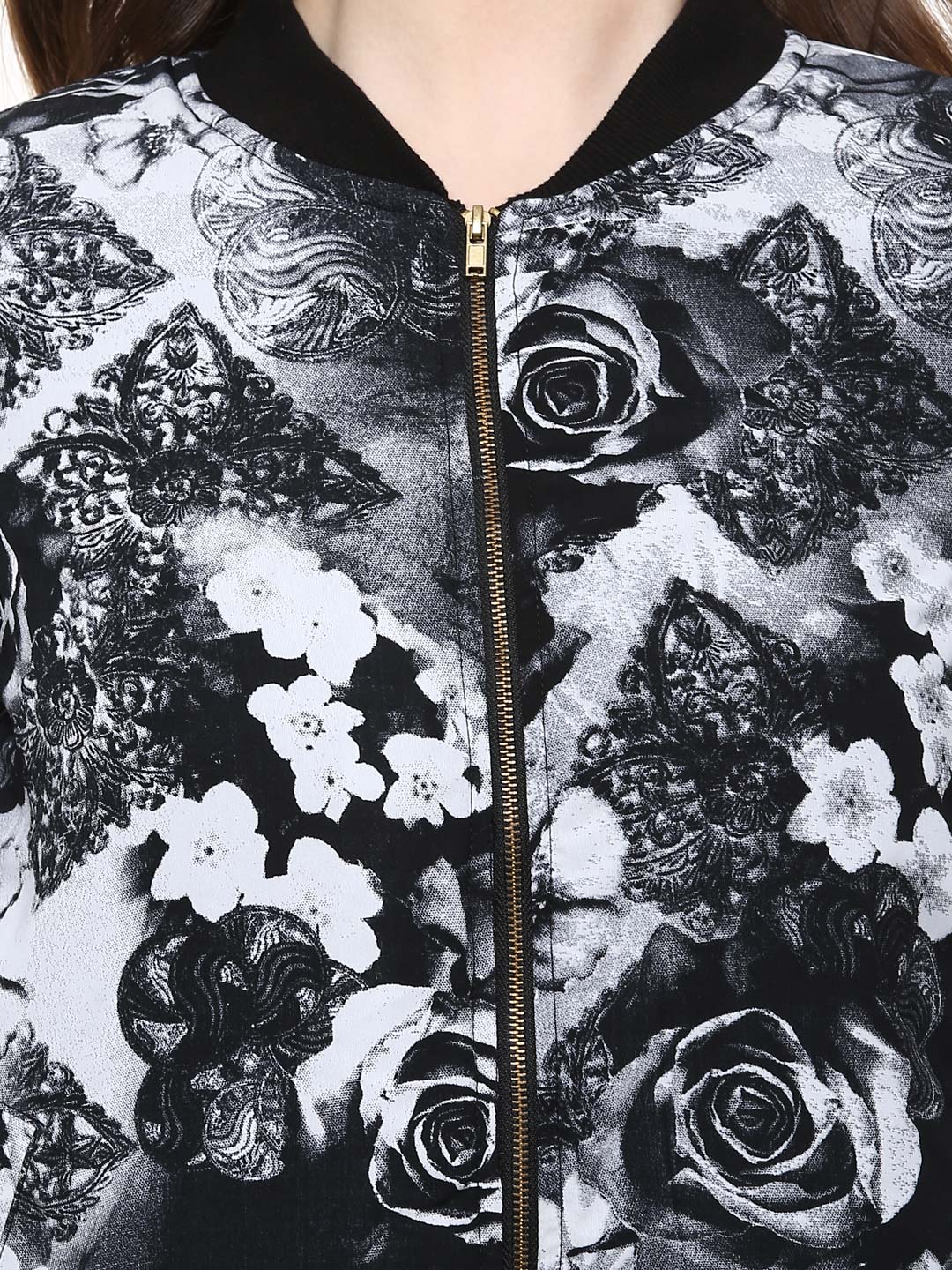 Women's  Black Floral Print Bomber Jacket - StyleStone