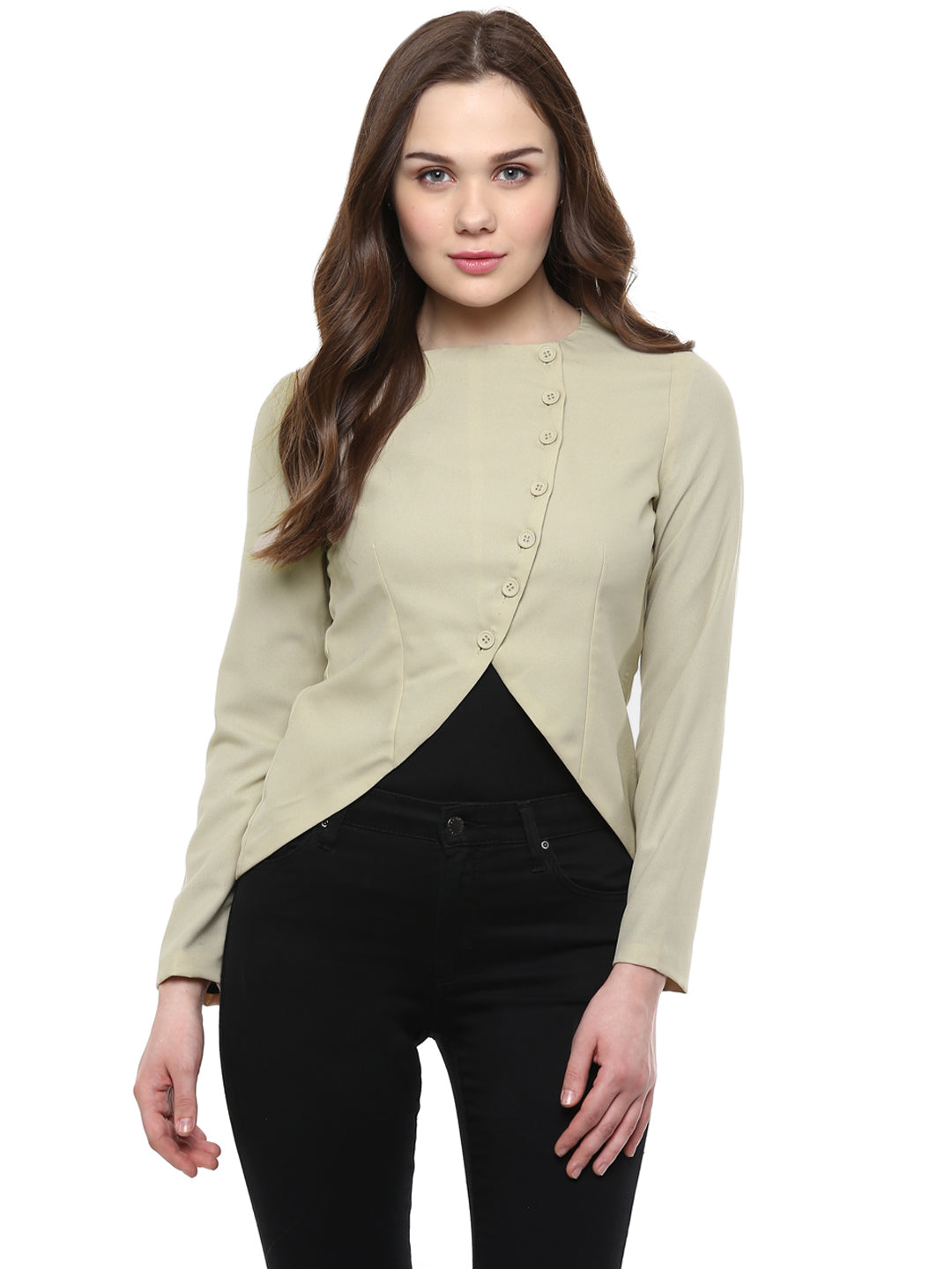 Women's  Beige Blazer Jacket with buttons - StyleStone