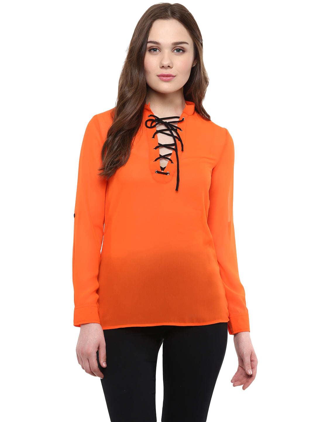 Women's  Orange Georgette Top with Black Lace Up - StyleStone