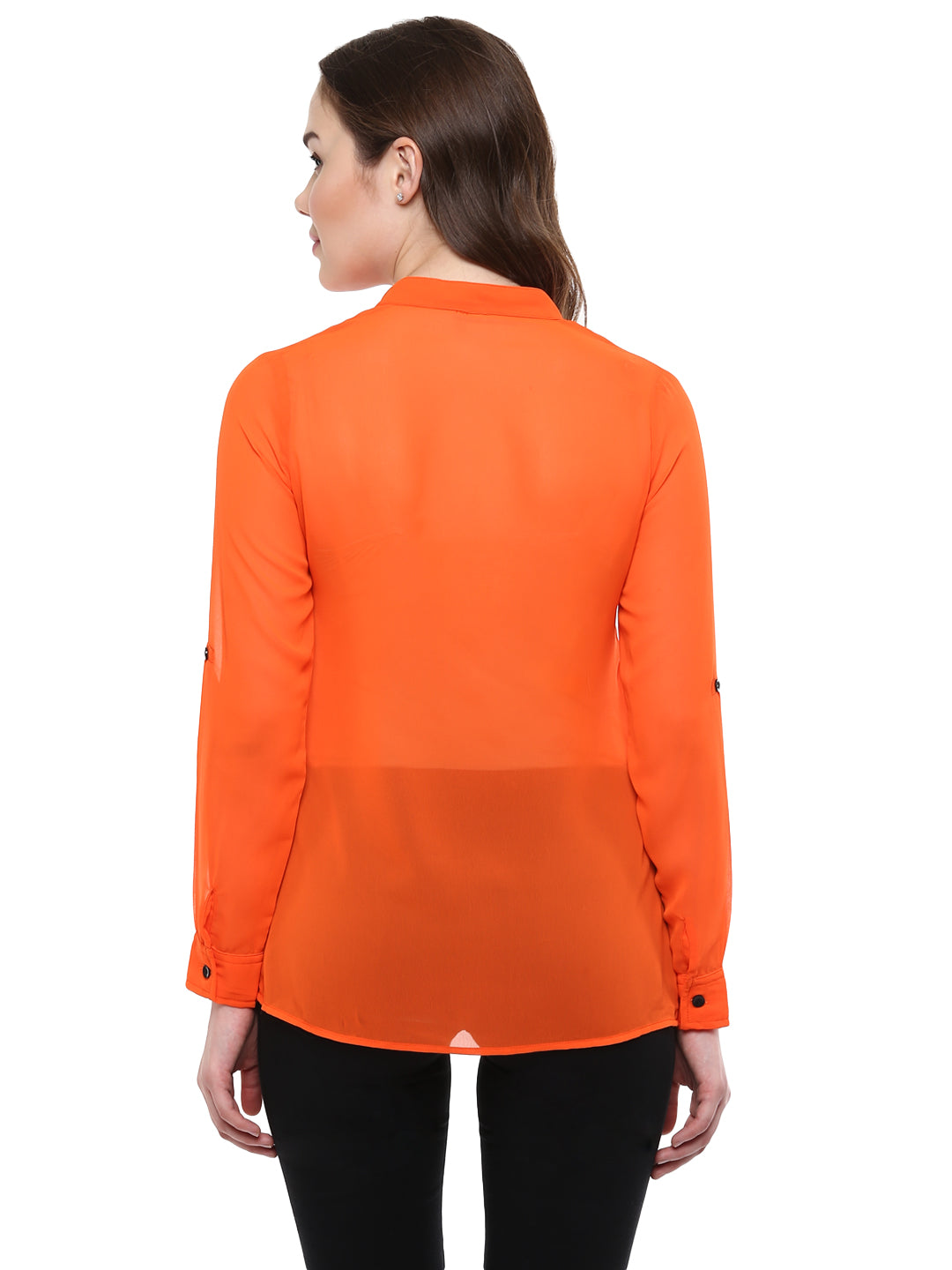 Women's  Orange Georgette Top with Black Lace Up - StyleStone