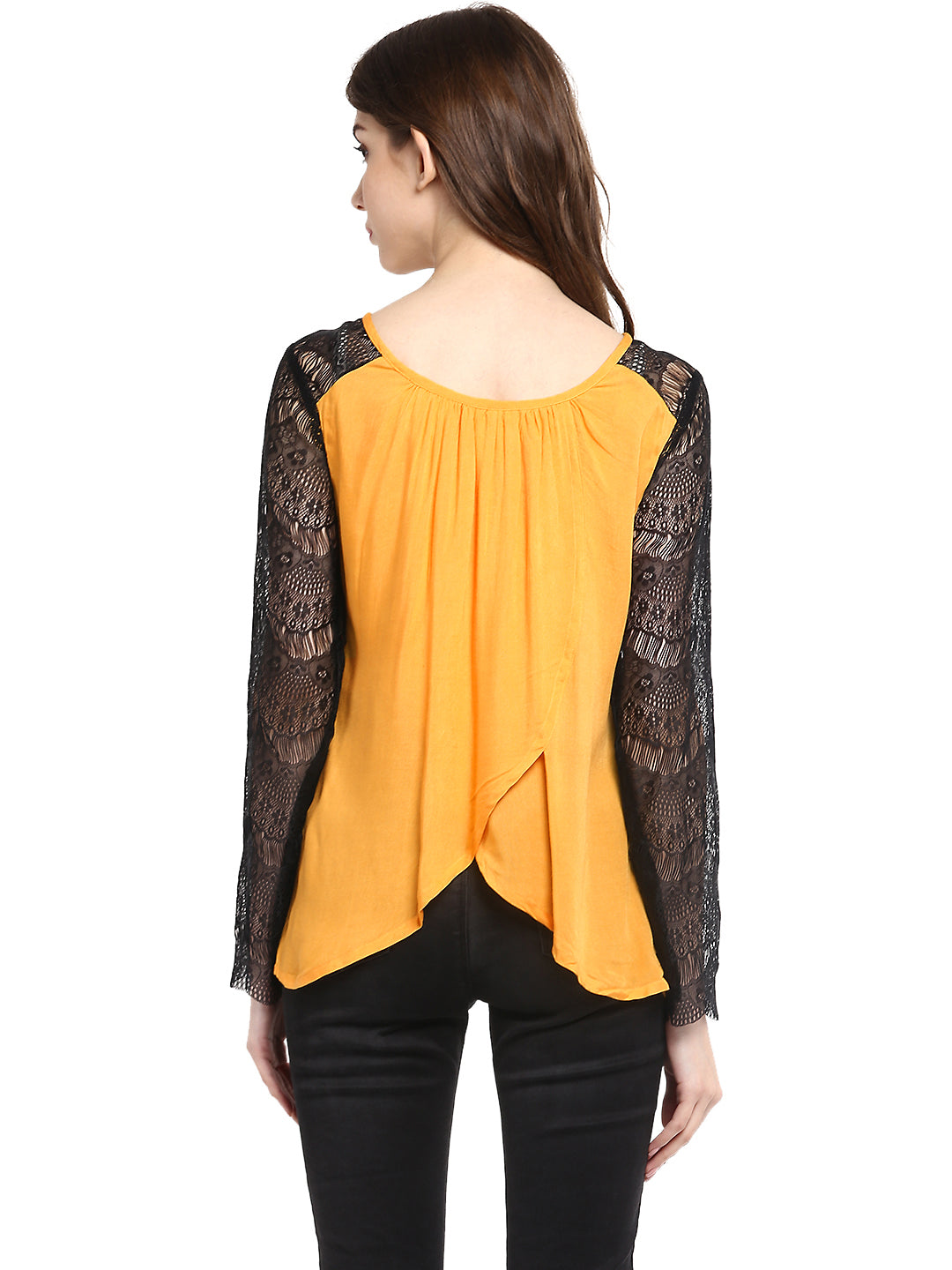 Women's  Mustard Yellow Rayon Black Lace Sleeve Top - StyleStone