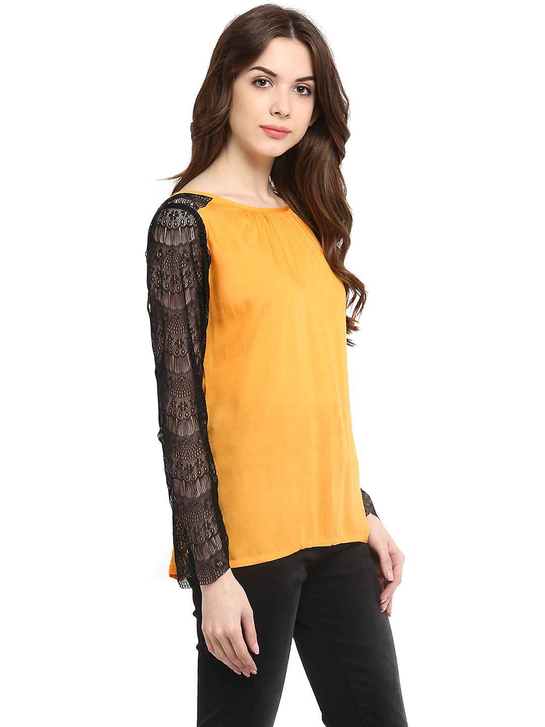 Women's  Mustard Yellow Rayon Black Lace Sleeve Top - StyleStone