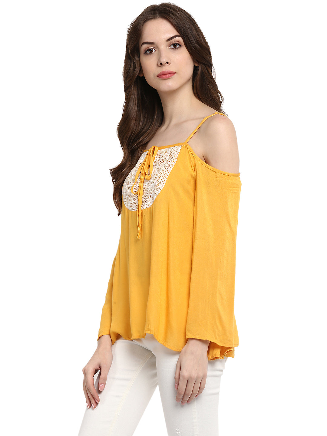 Women's  Mustard Yellow Rayon Cold Shoulder Top - StyleStone