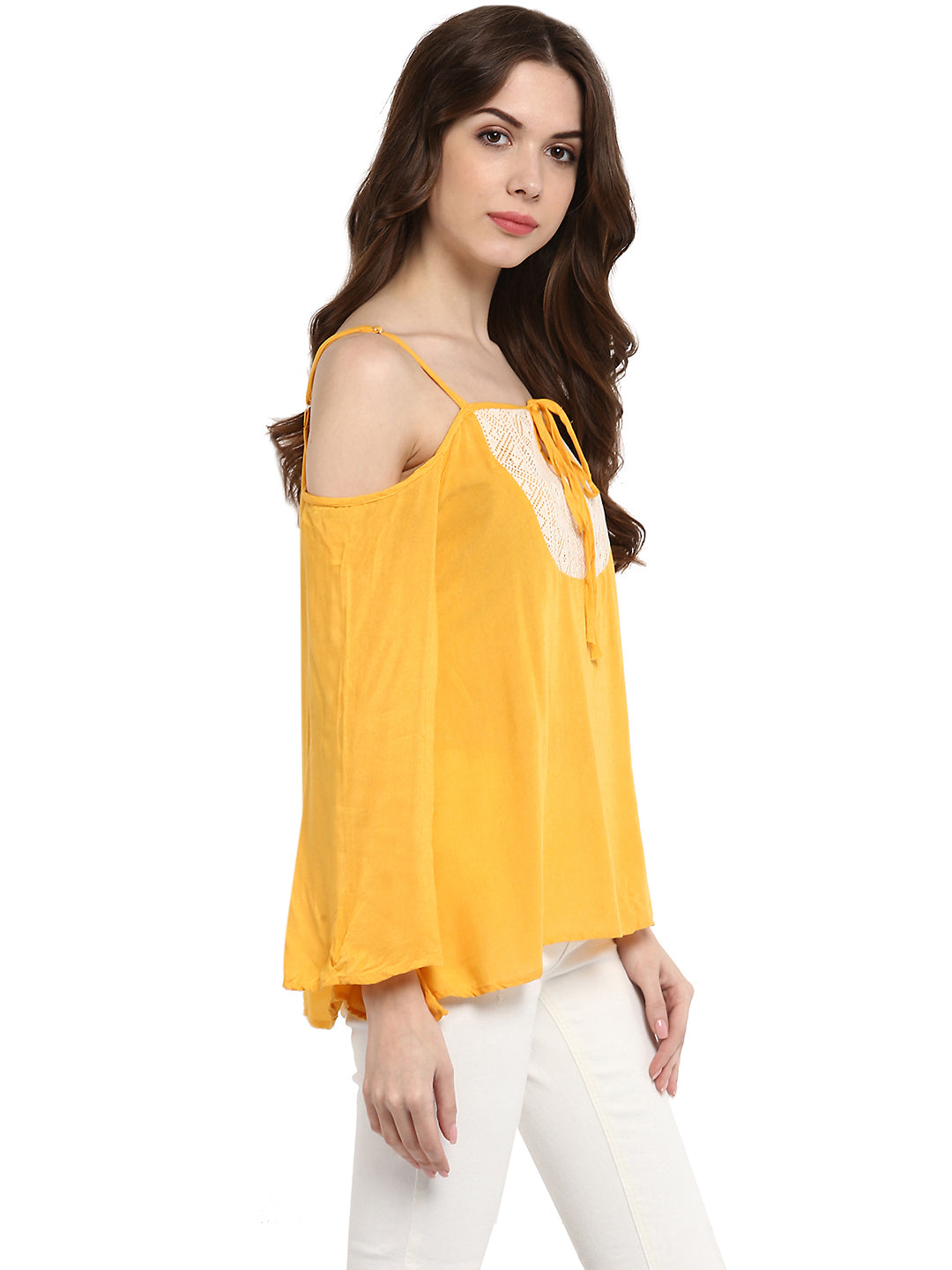 Women's  Mustard Yellow Rayon Cold Shoulder Top - StyleStone