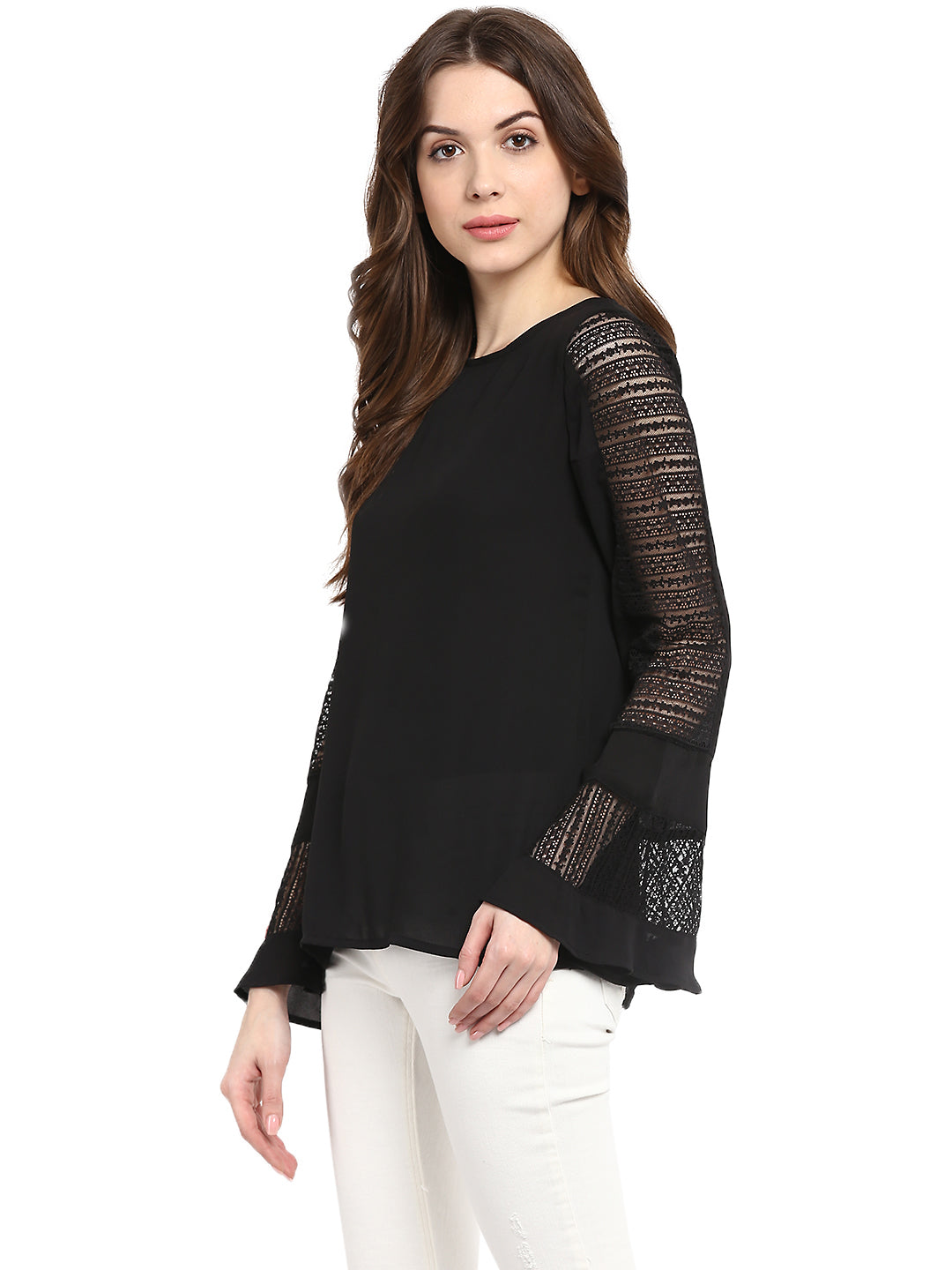 Women's  Black Lace Bell SleeveTop - StyleStone