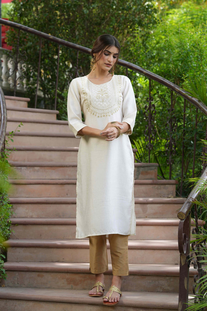 Women's  Cream Silk Embroidered Straight Kurta