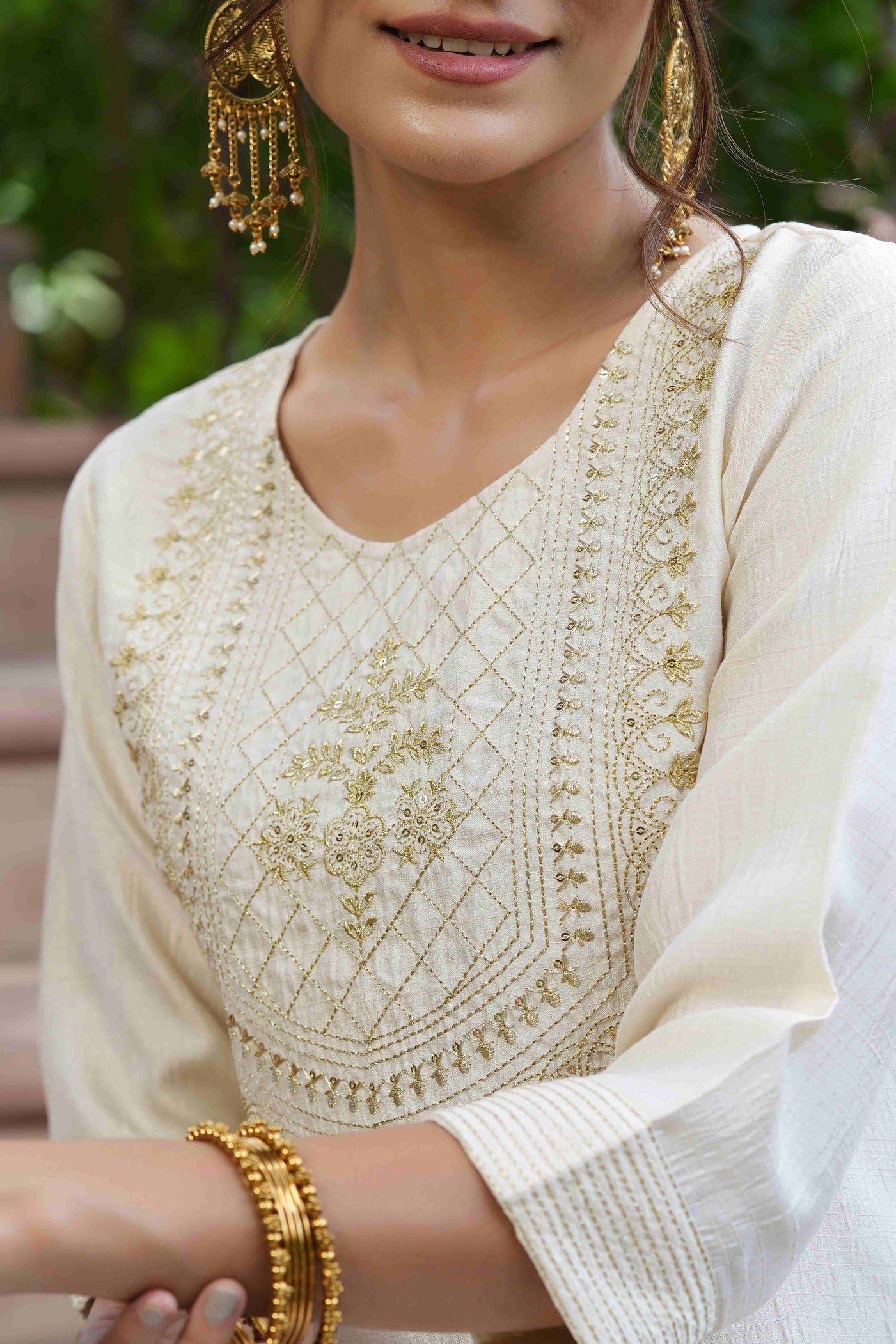 Women's  Cream Silk Embroidered Straight Kurta  - Juniper