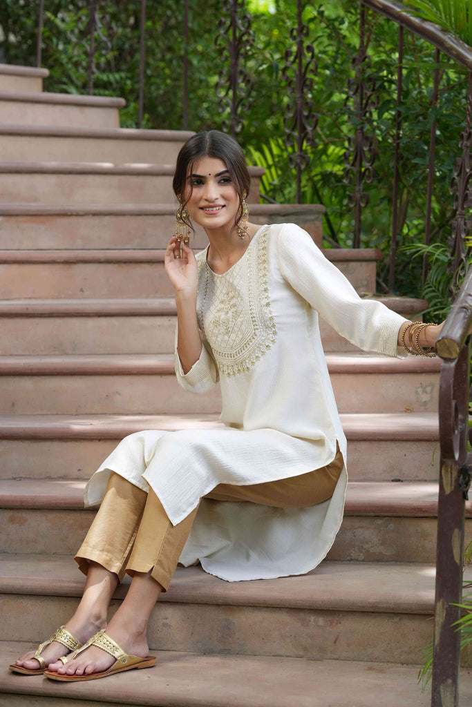 Women's  Cream Silk Embroidered Straight Kurta