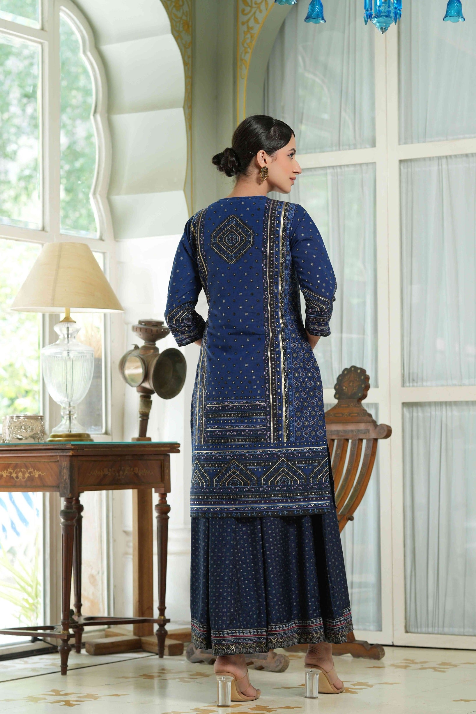 Women's  Indigo Chanderi Placement Printed Double Layred Kurta Dress - Juniper