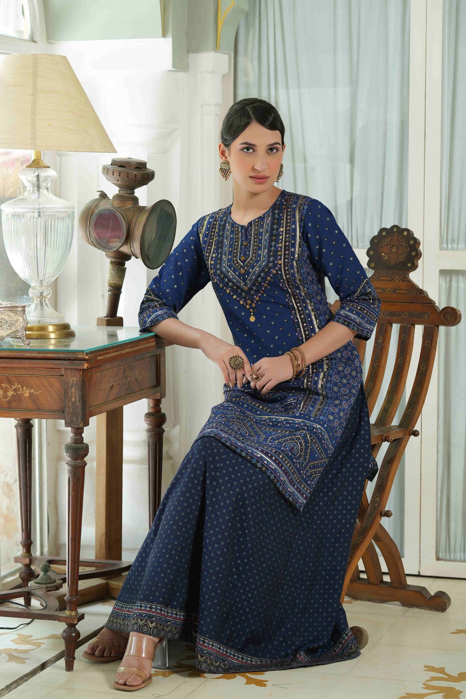Women's  Indigo Chanderi Placement Printed Double Layred Kurta Dress - Juniper