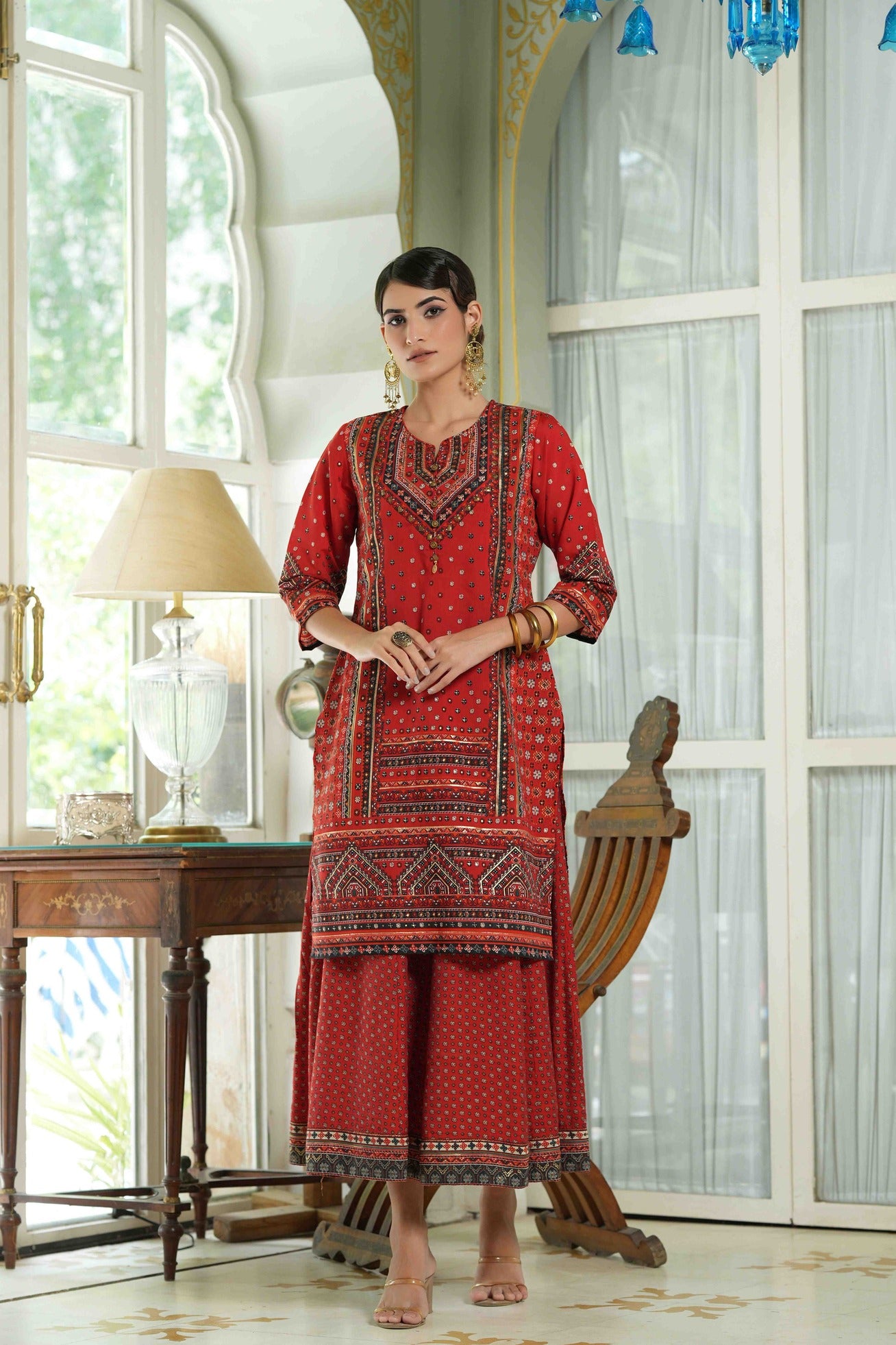 Women's  Red  Chanderi Placement Printed Double Layred Kurta Dress - Juniper
