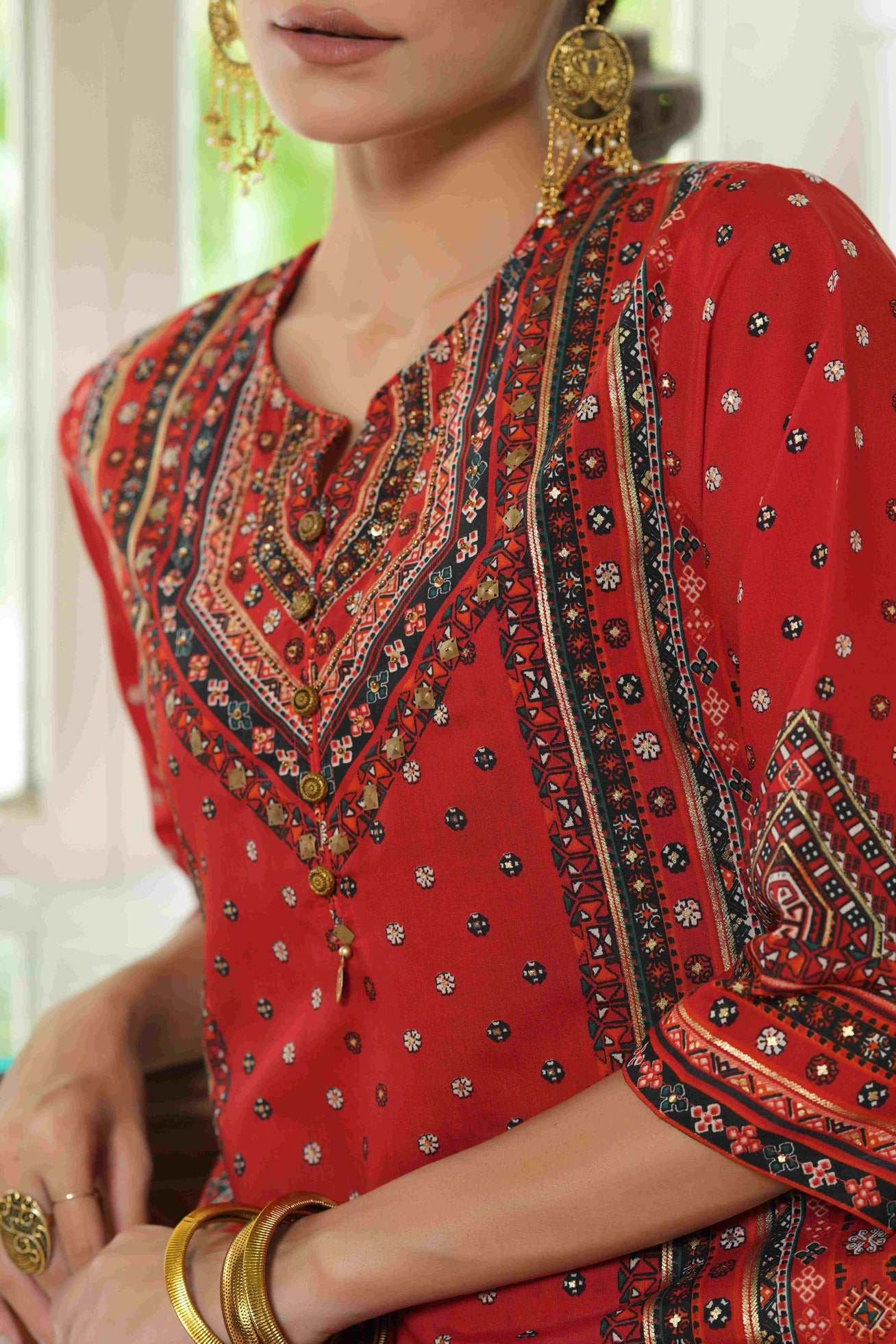 Women's  Red  Chanderi Placement Printed Double Layred Kurta Dress - Juniper