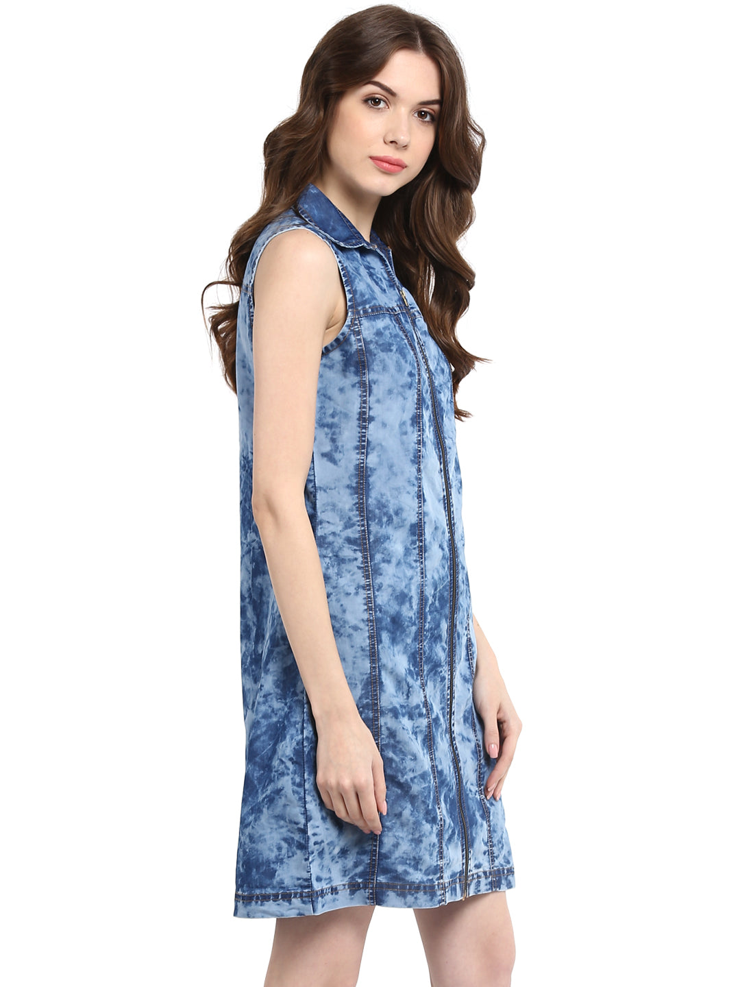 Women's  Cloud Wash Blue Zip Dress with Seam - StyleStone