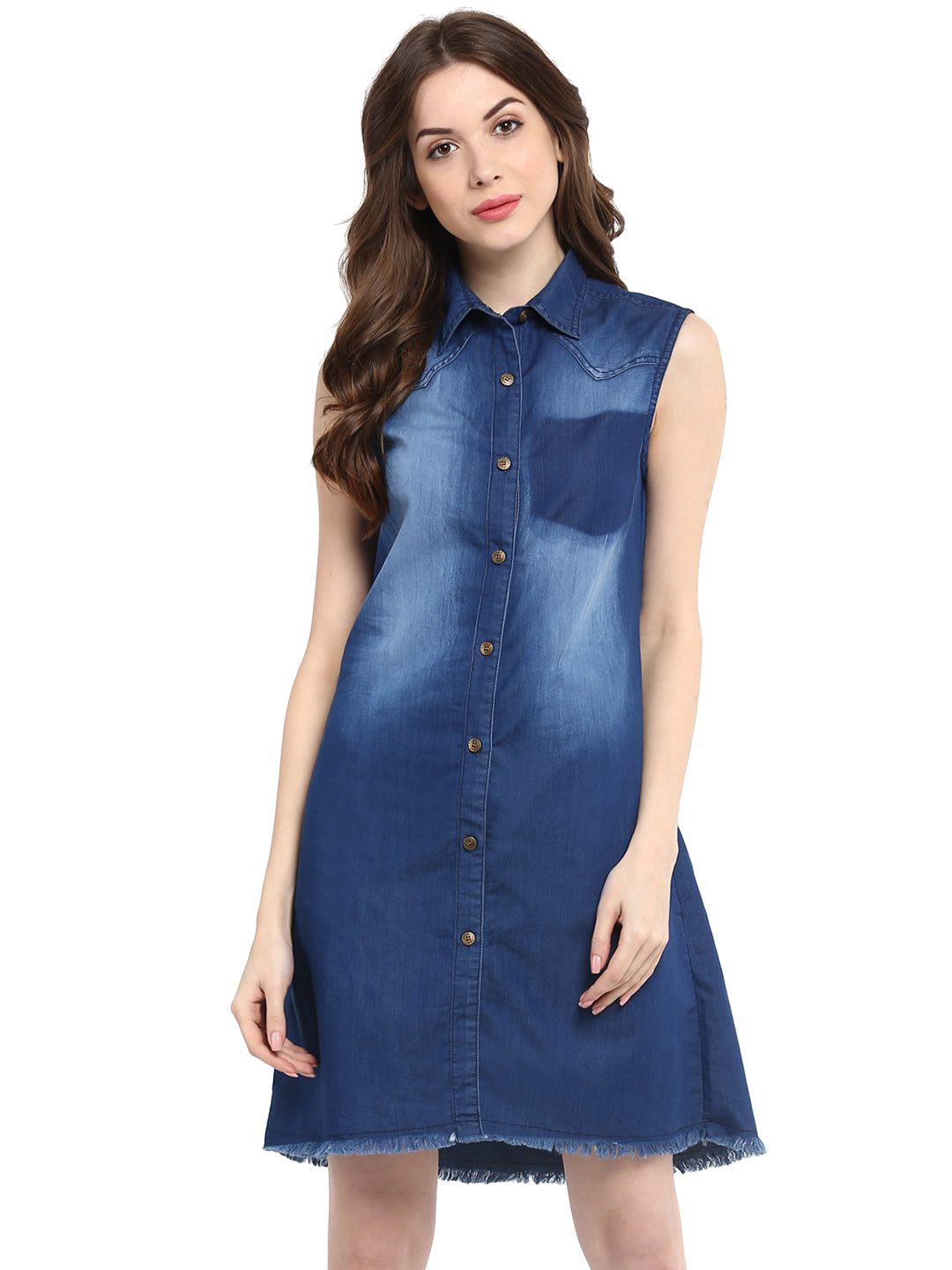 Women's  Blue Dress with Pocket Impression Wash - StyleStone