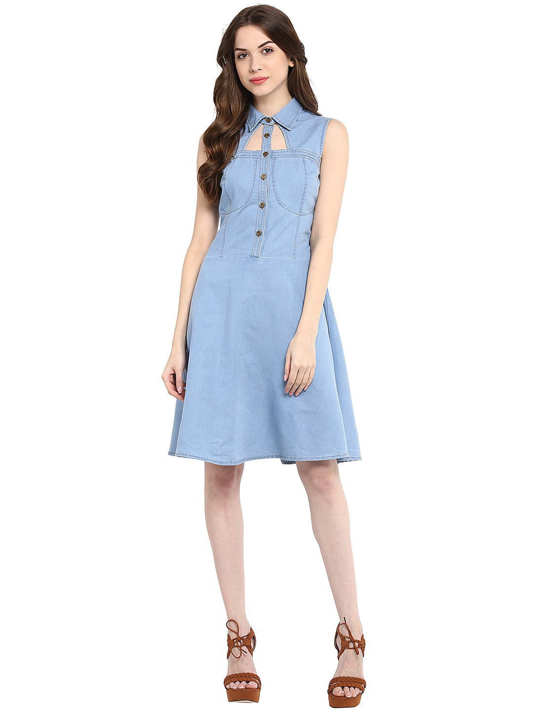 Women's  Light Blue Denim Dress with Neck cutout - StyleStone