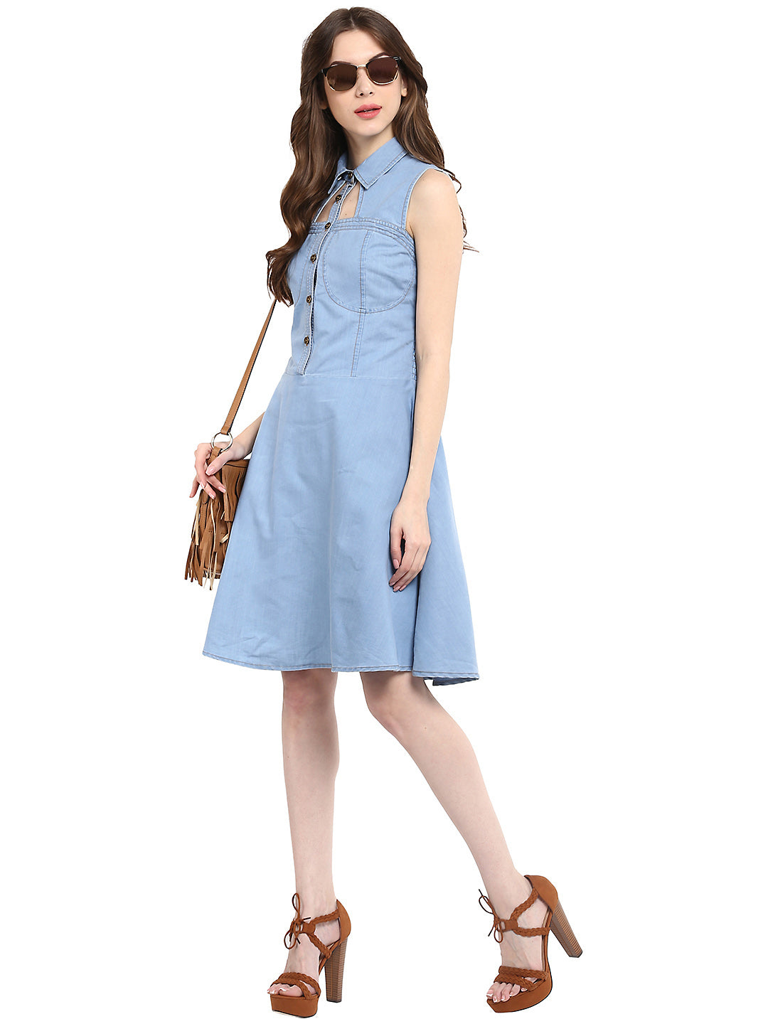 Women's  Light Blue Denim Dress with Neck cutout - StyleStone
