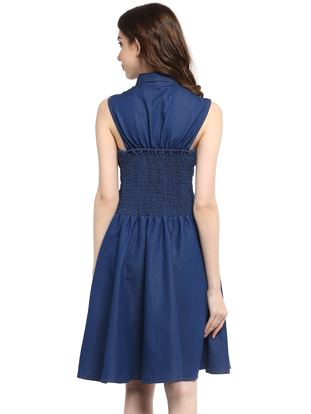 Women's  Dark Blue Denim Dress with Neck cutout - StyleStone