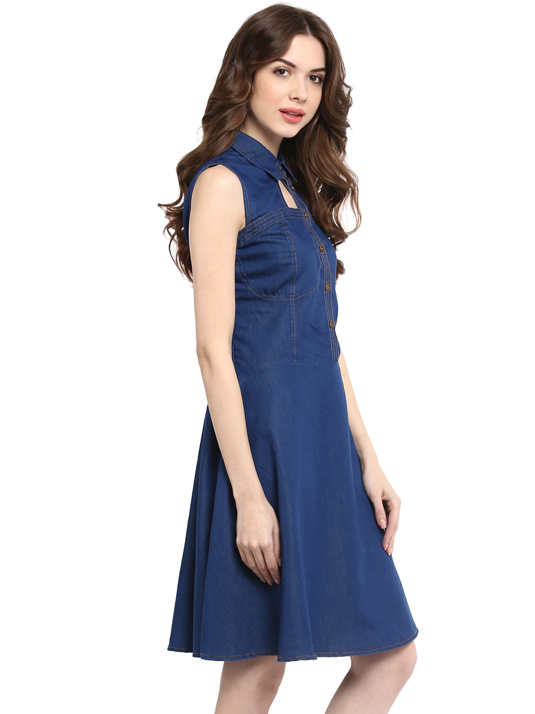 Women's  Dark Blue Denim Dress with Neck cutout - StyleStone