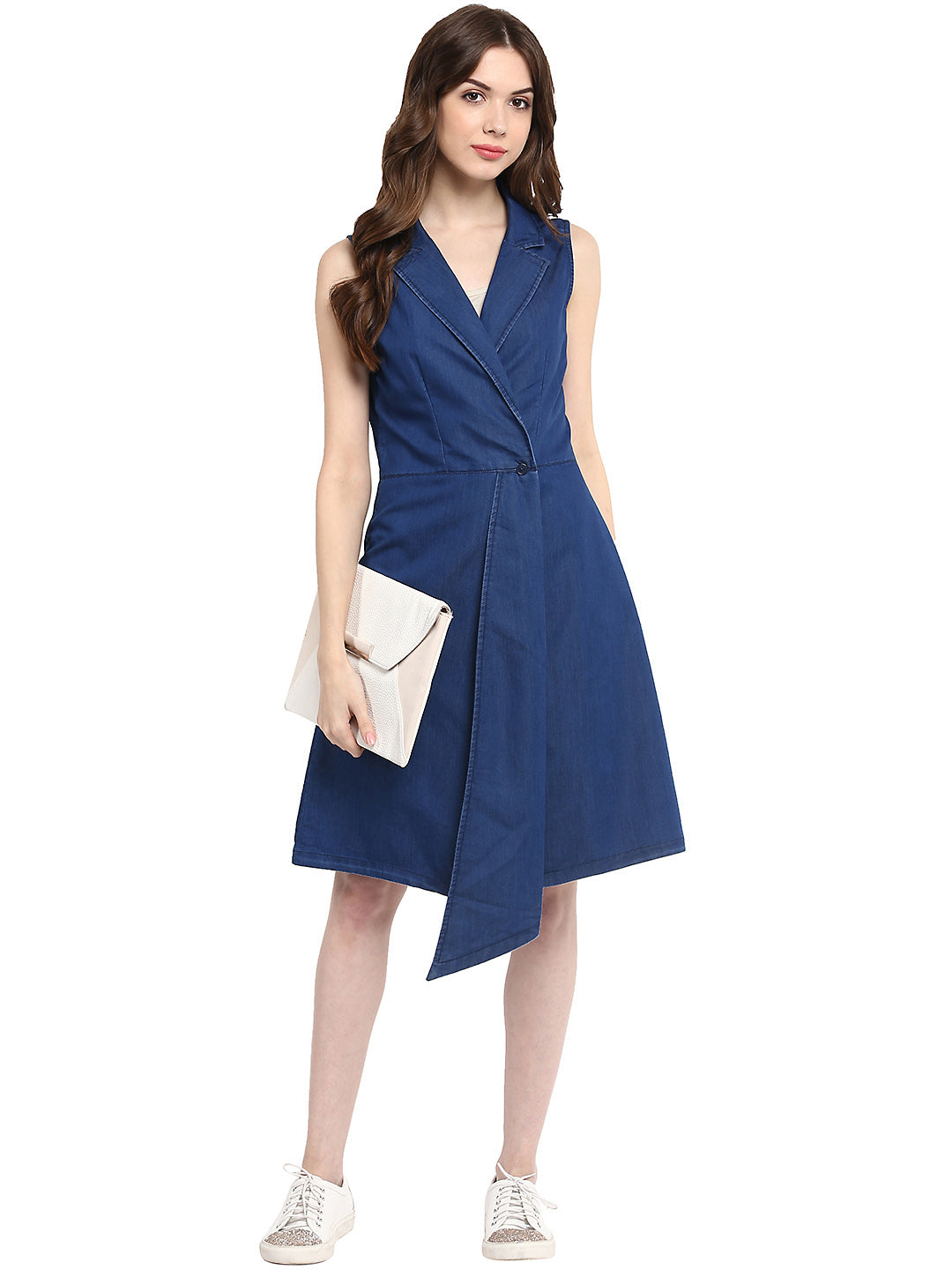 Women's  Blue Denim Wrap Dress with Flap - StyleStone