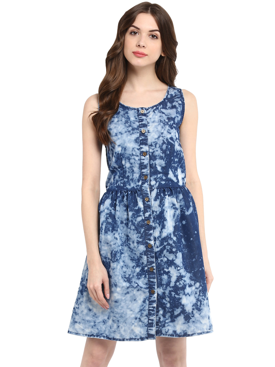 Women's  Blue Cloud effect Denim Dress with elasticated Waistline - StyleStone