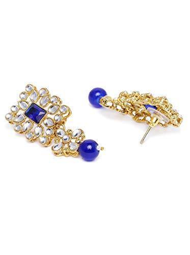 Women's Gold Plated Blue Beaded Choker Set Studded with Pearl & Kundan with Earrings & Maang Tikka - i jewels