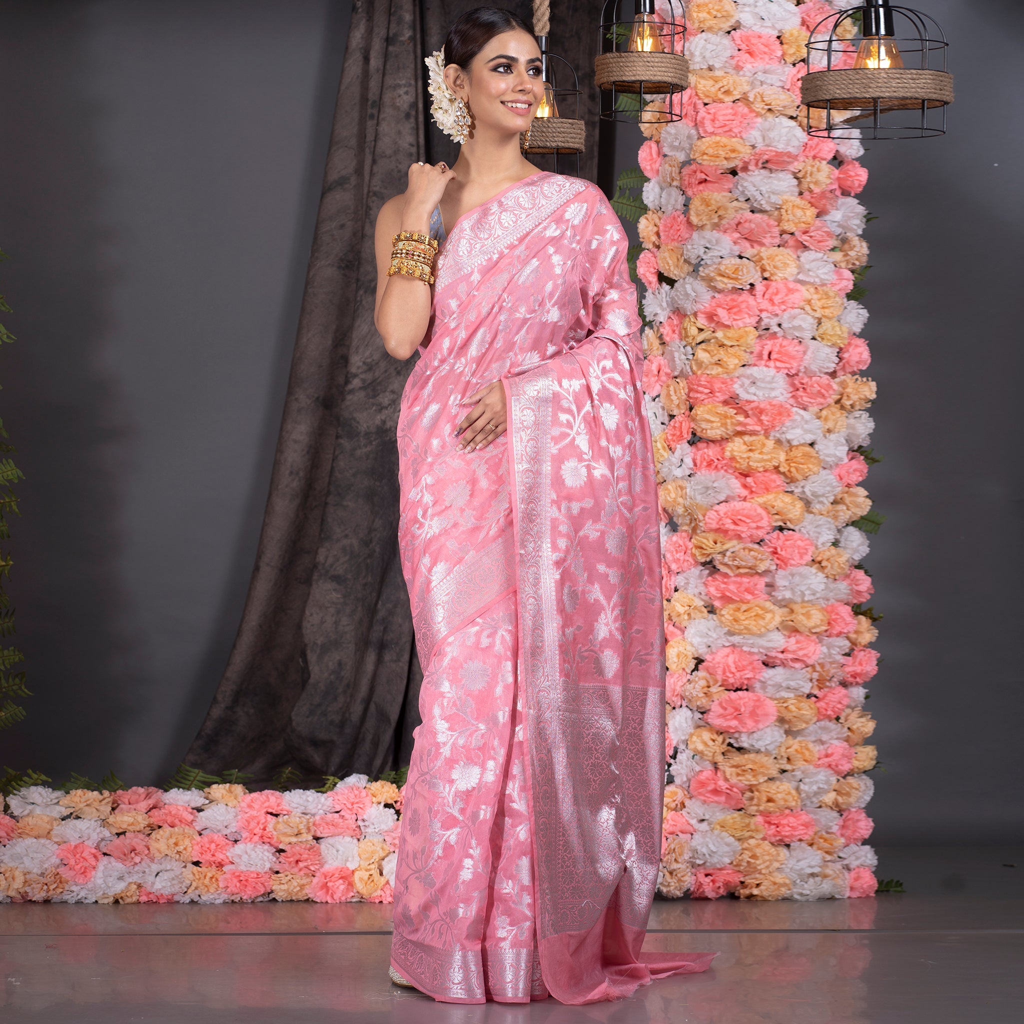Women's Rose Pink Pure Georgette Saree With Antique Silver Jaal Border And Pallu - Boveee