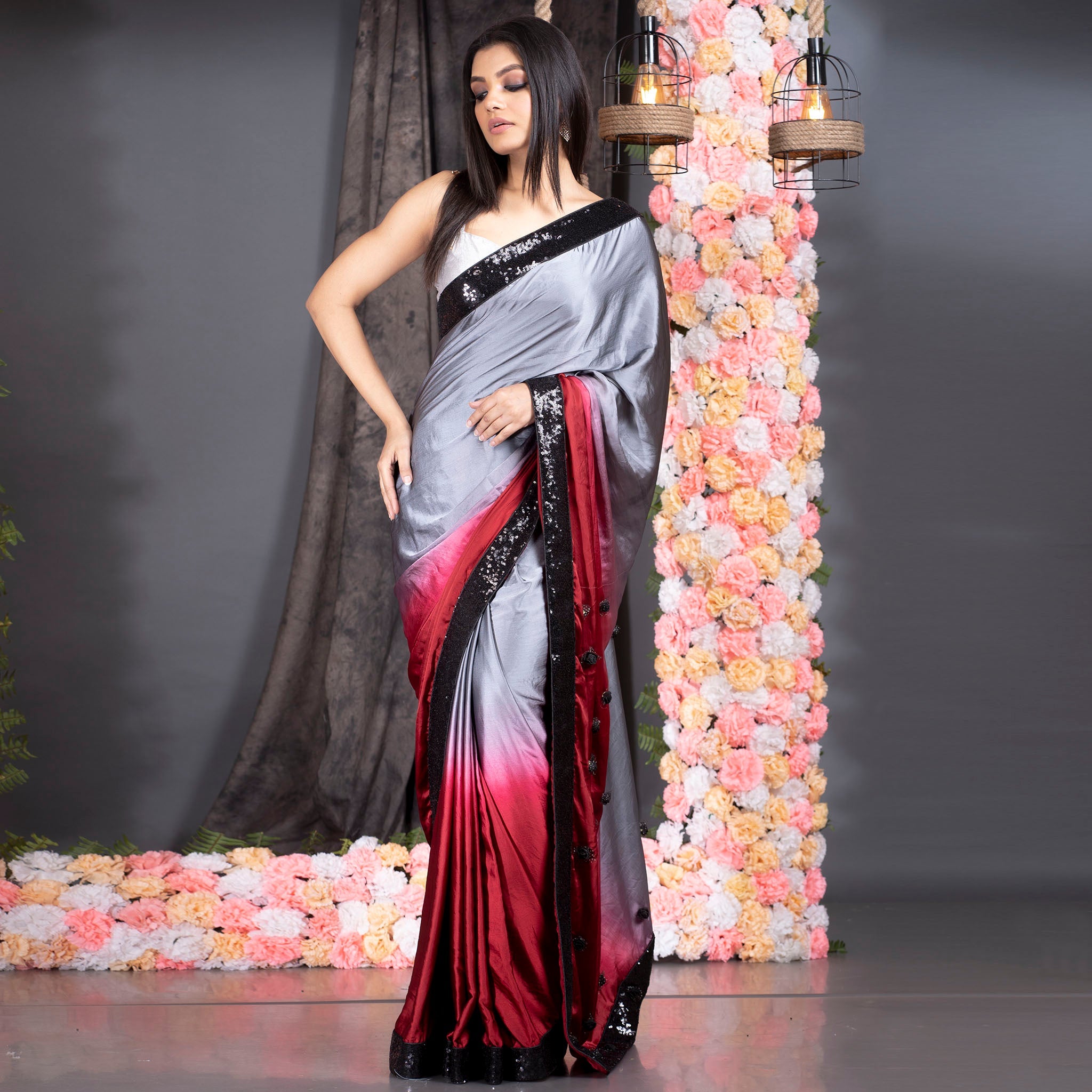 Women's Grey And Red Ombre Satin Saree With Sequin Lace Border And Handmade Rosette Pallu - Boveee