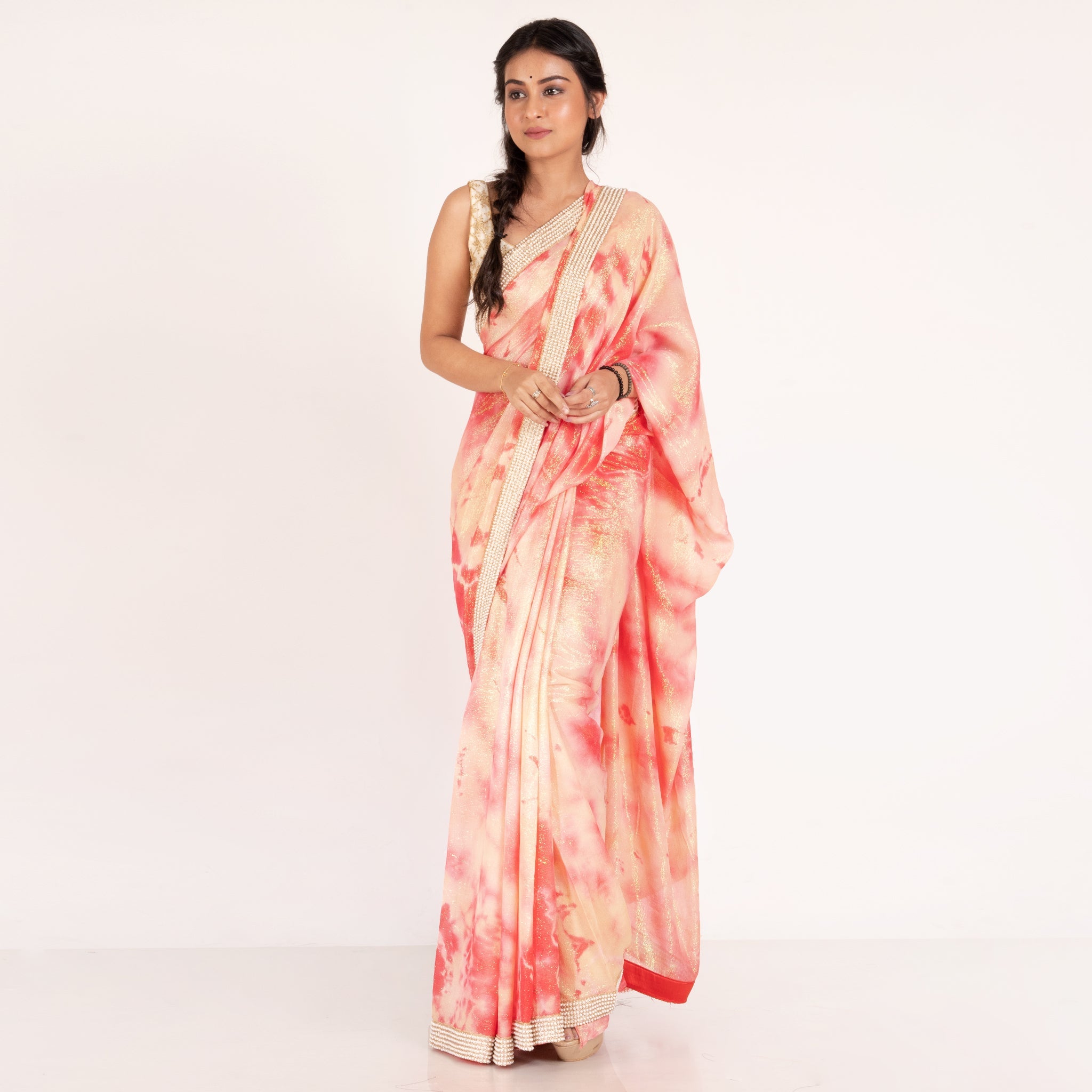 Women's Rust And Coral Marble Tie And Dye Georgette Lurex Saree With Pearl Lace Border - Boveee