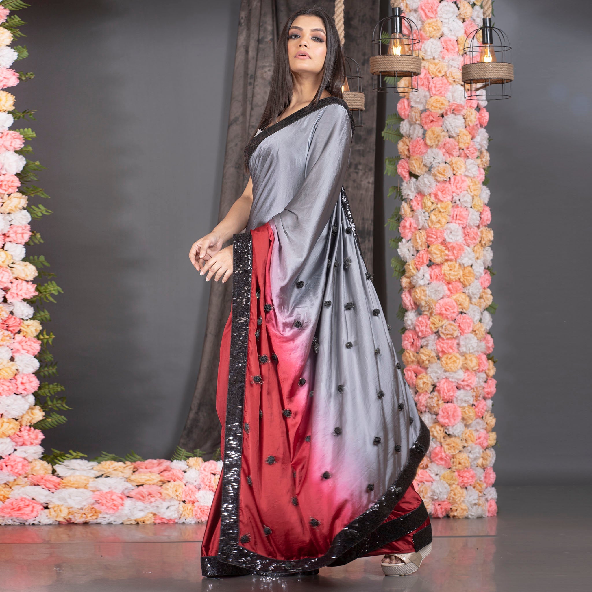 Women's Grey And Red Ombre Satin Saree With Sequin Lace Border And Handmade Rosette Pallu - Boveee