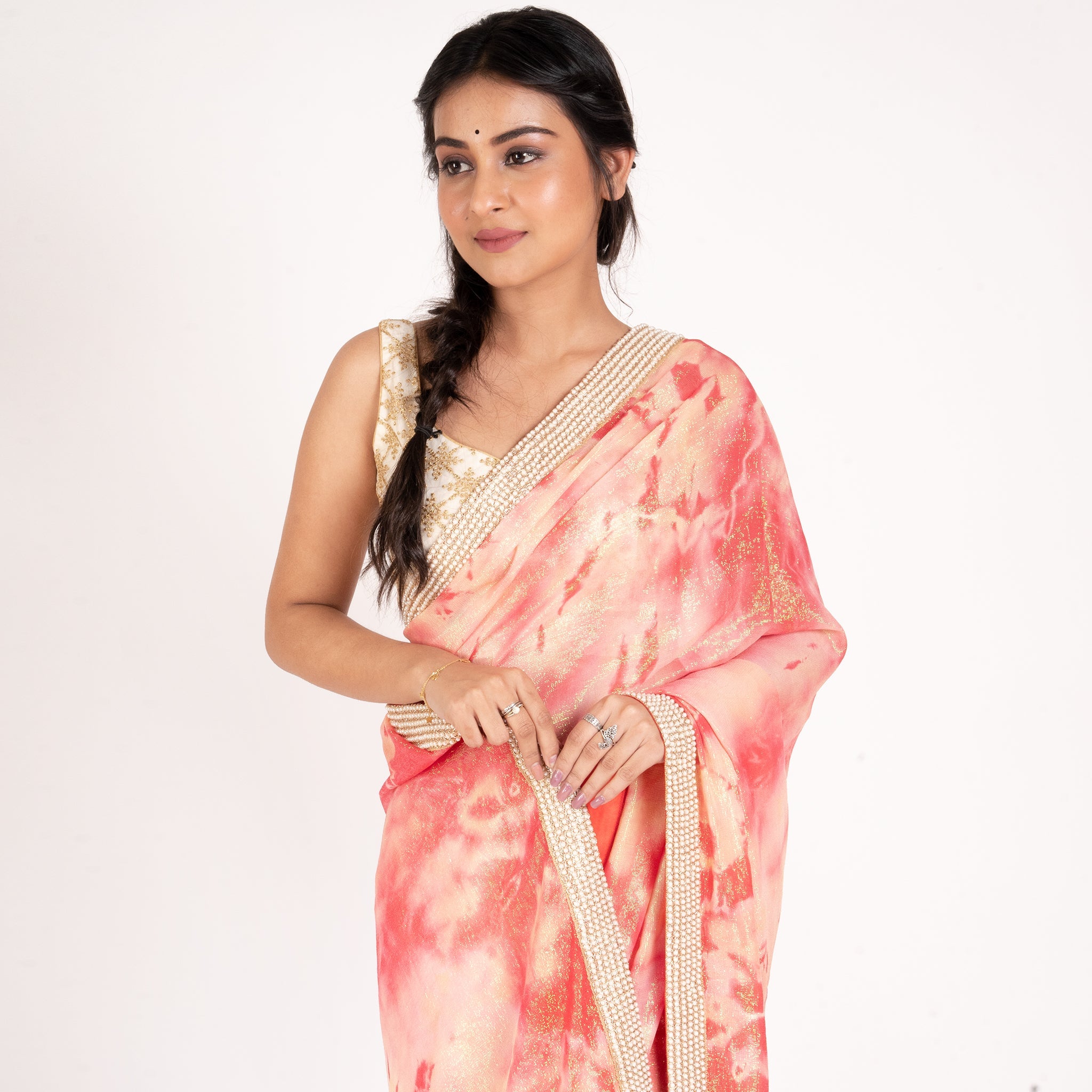 Women's Rust And Coral Marble Tie And Dye Georgette Lurex Saree With Pearl Lace Border - Boveee