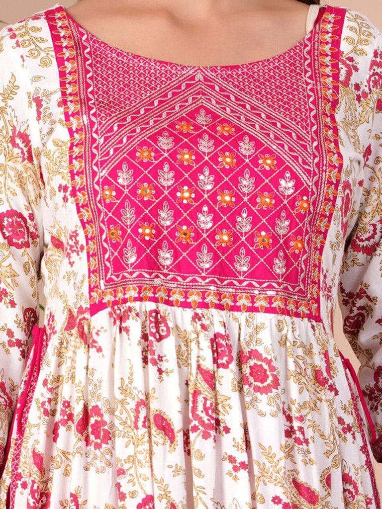 Women's Floral Printed Empire Thread Work Kurta With Palazzos & Dupatta