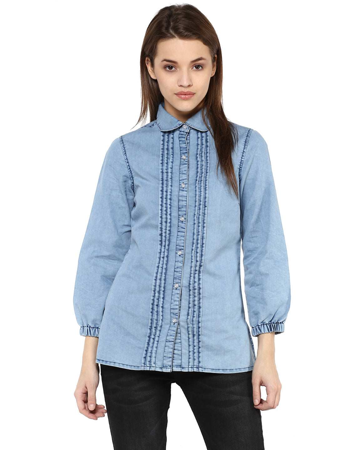 Women's  Denim Pintuck Shirt - StyleStone