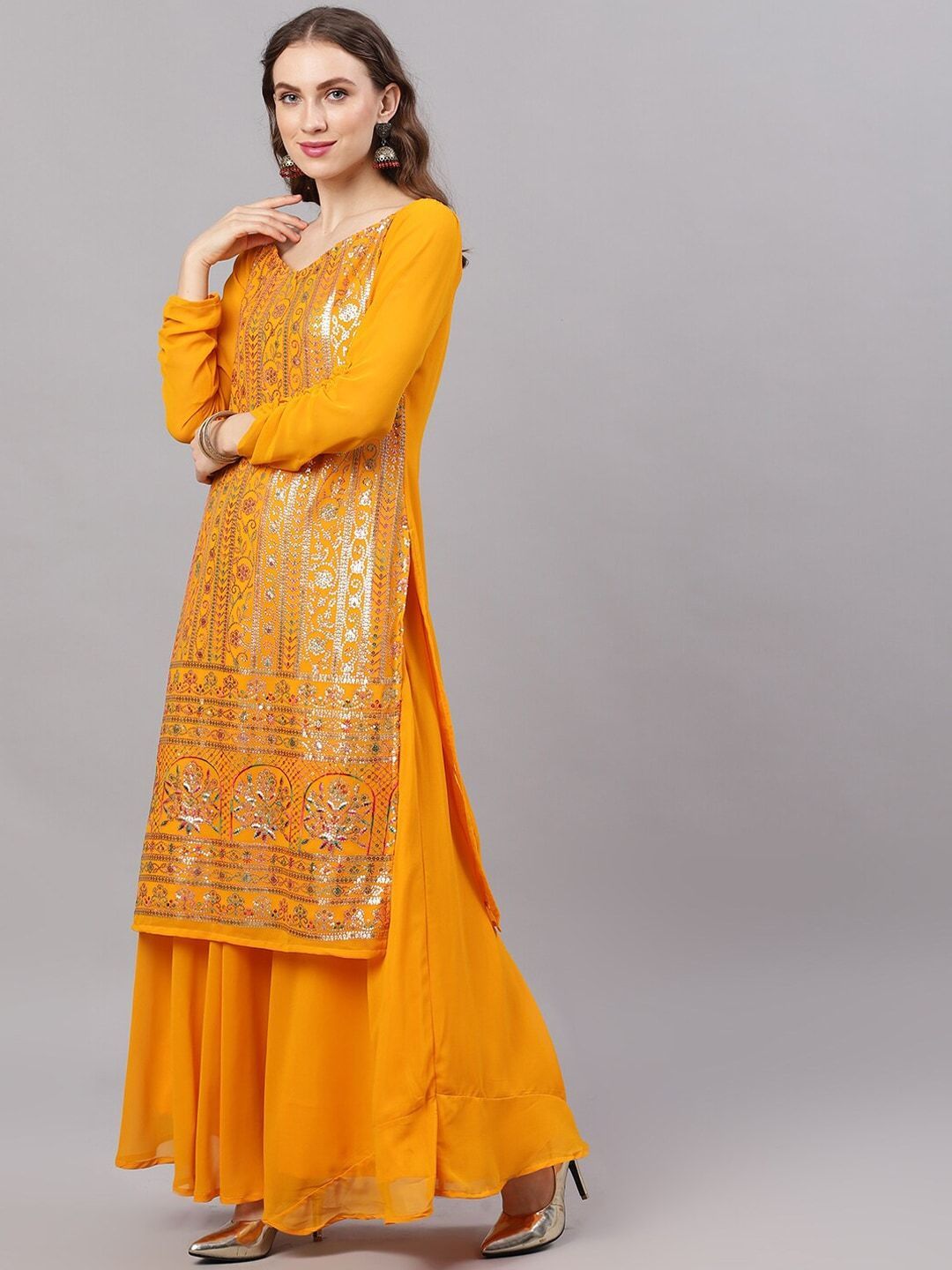 Women's  Yellow & Gold-Toned Embroidered Made To Measure Kurta with Palazzos - AKS