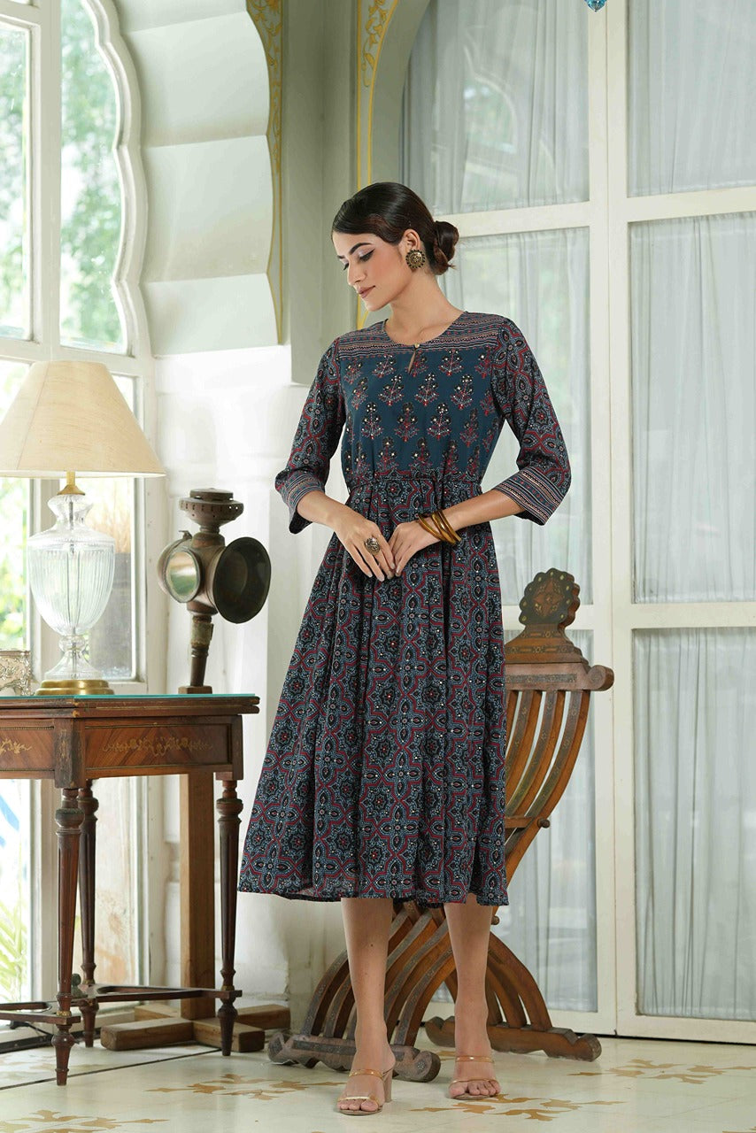Women's  Indigo Floral Printed Maxi Dress - Juniper