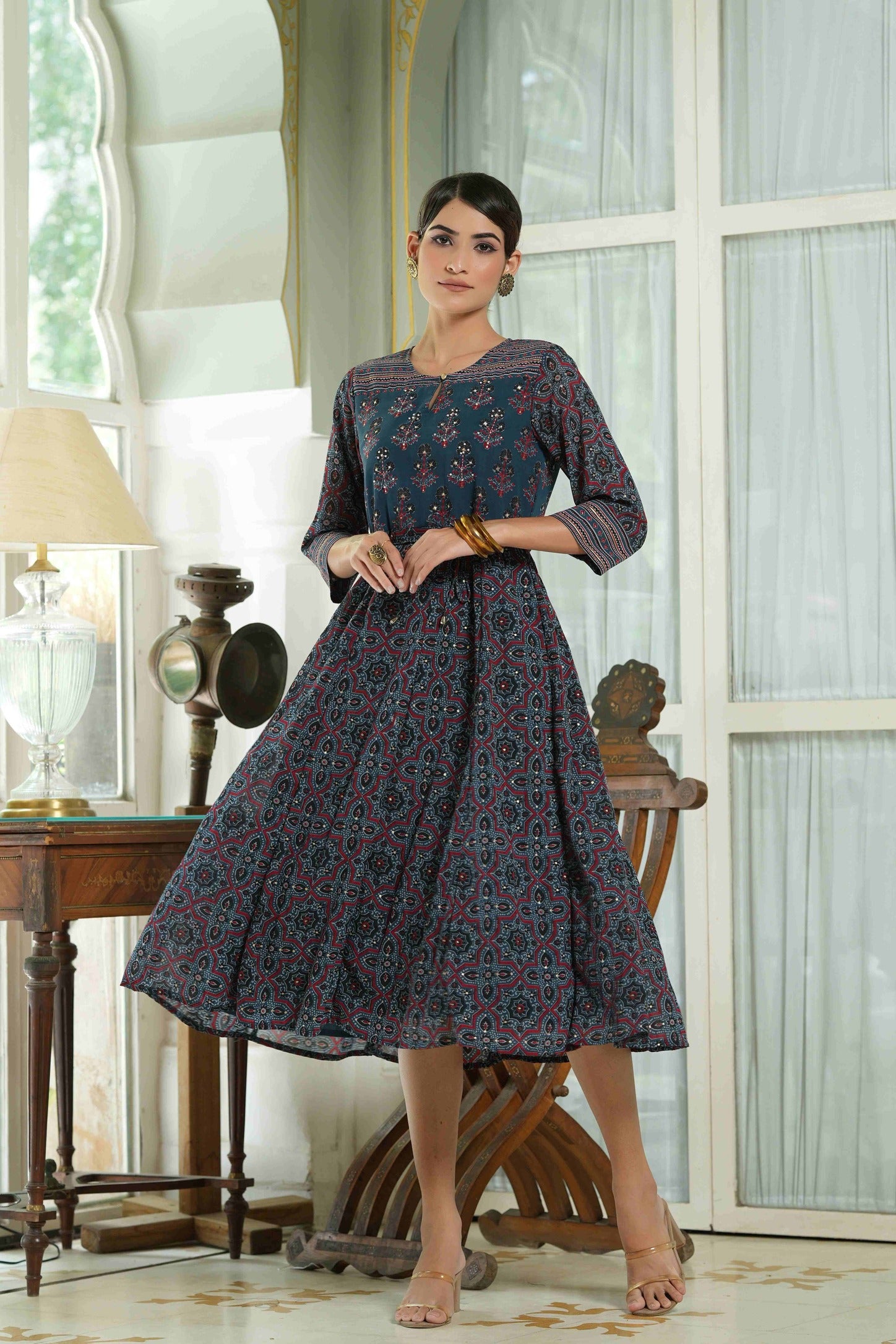 Women's  Indigo Floral Printed Maxi Dress - Juniper