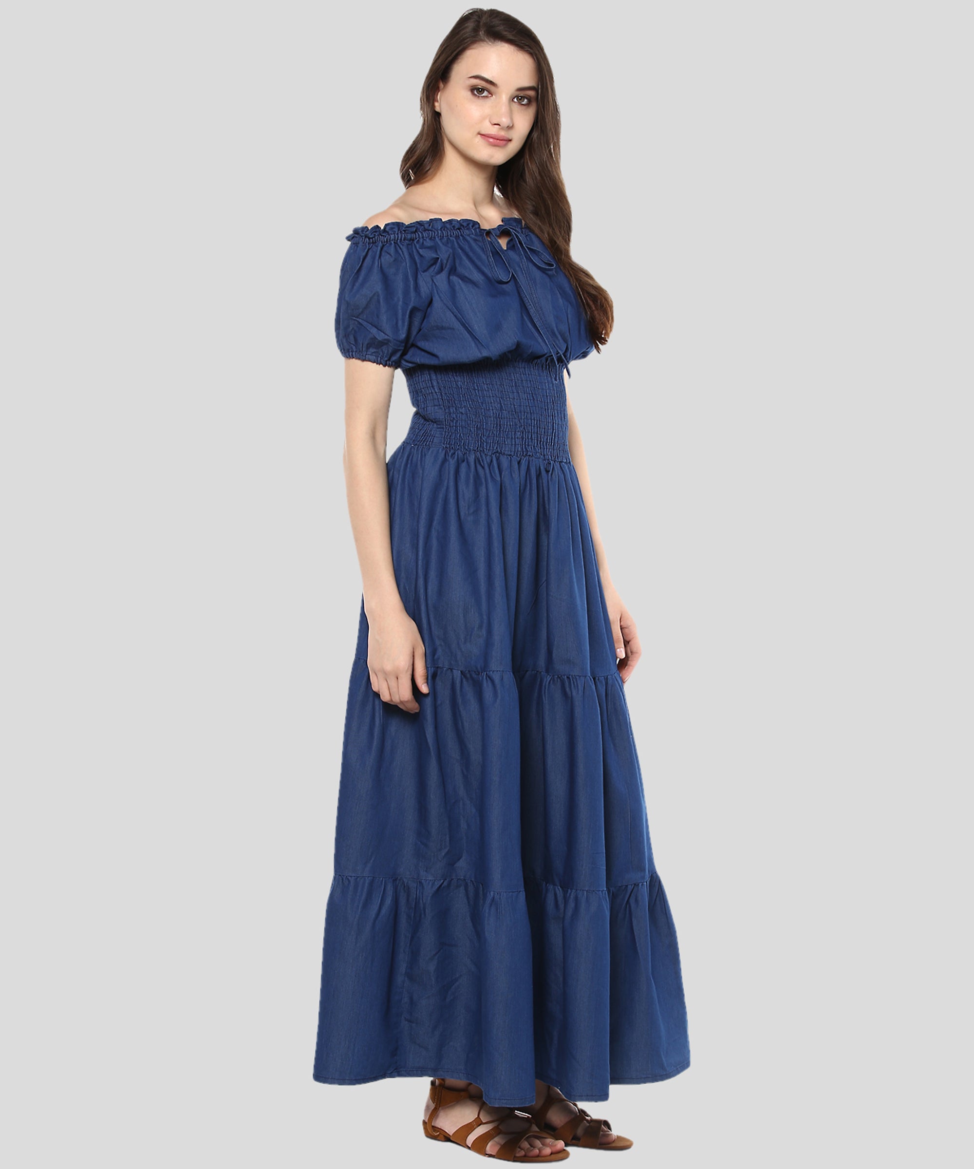 Women's Denim Peasant Styled Maxi Dress - StyleStone