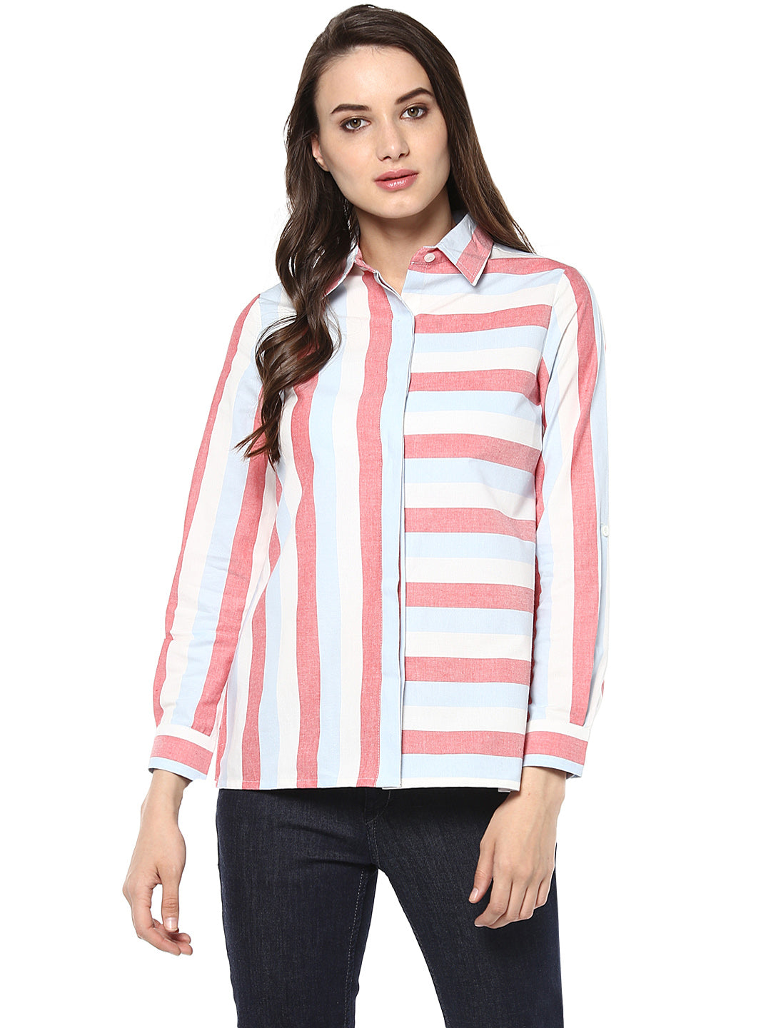 Women's Cotton Horizontal and Vertical Striped Shirt - StyleStone