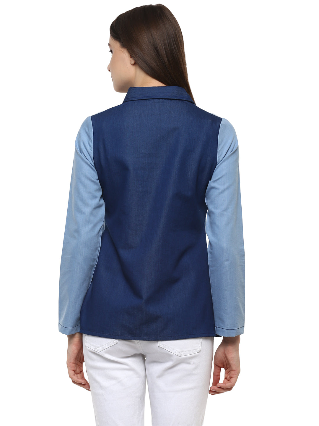 Women's Denim Light and Dark Blue Patch Shirt - StyleStone