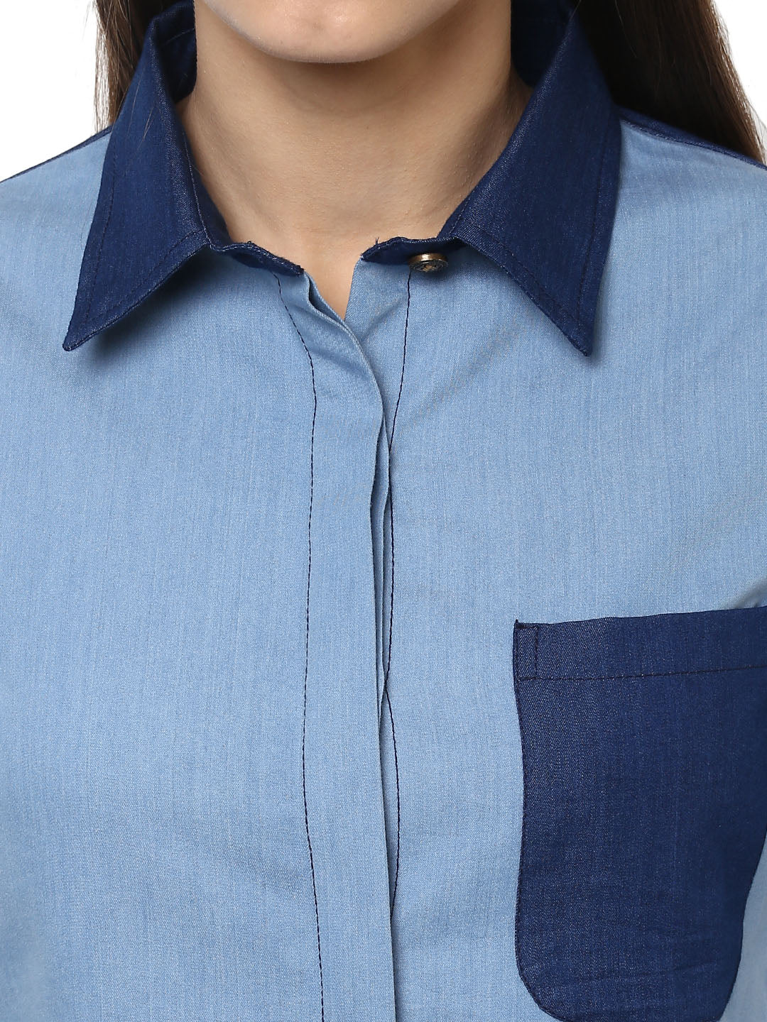 Women's Denim Light and Dark Blue Patch Shirt - StyleStone