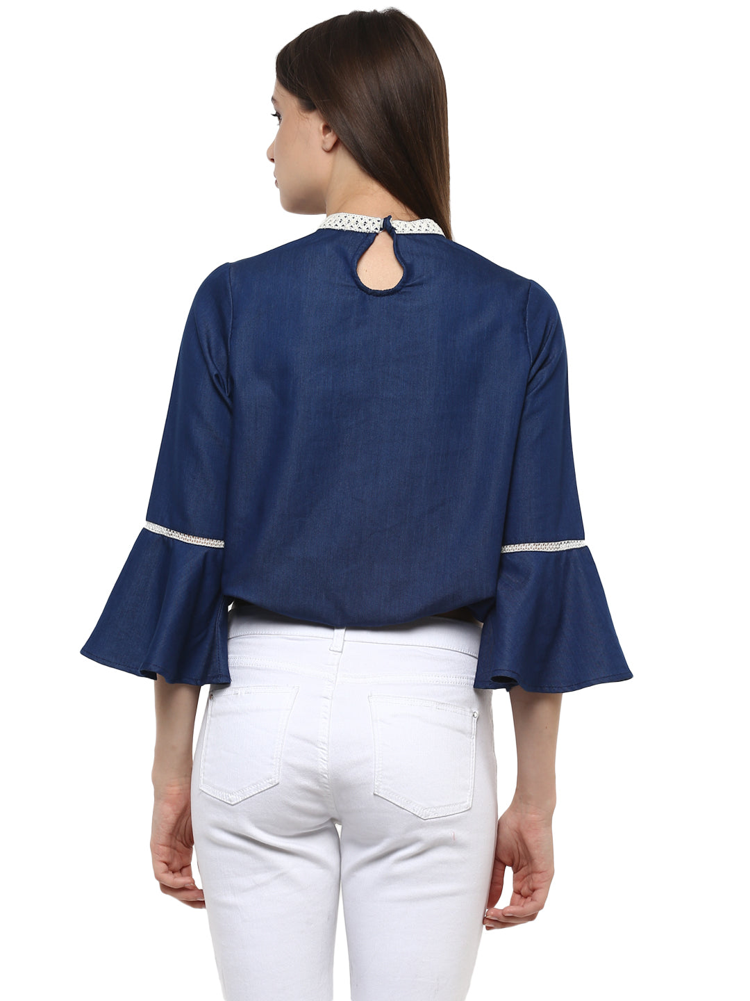 Women's  Denim peasant top with Lace detailing - StyleStone