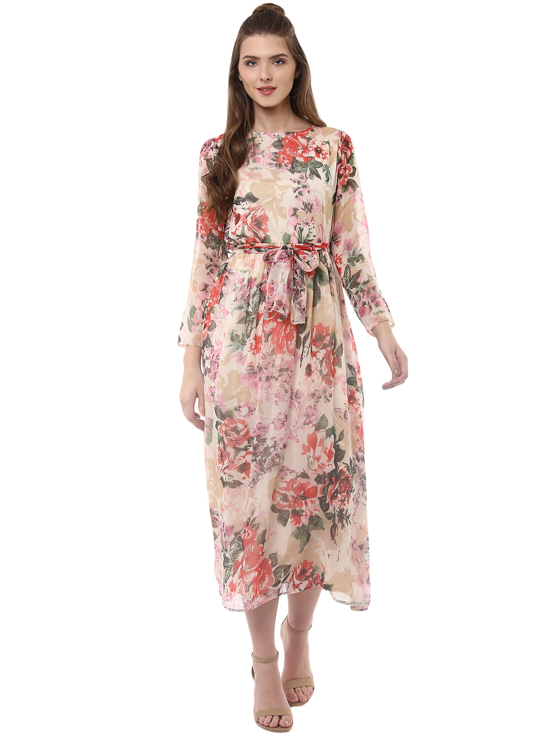 Women's Floral Chiffon Dress with Belt - StyleStone
