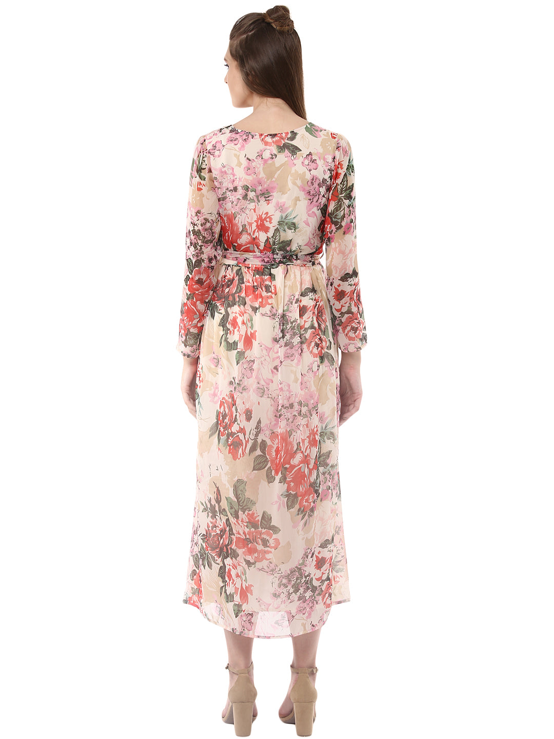 Women's Floral Chiffon Dress with Belt - StyleStone